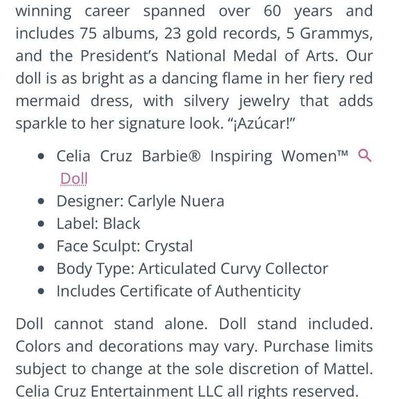 Barbie Inspiring Women Doll, Celia Cruz Queen of Salsa in Red Lace Dress - Picture 15 of 16